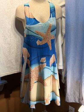 India Boutique Blue & Tan Starfish Midi Dress beach M-L 20.5 ptp